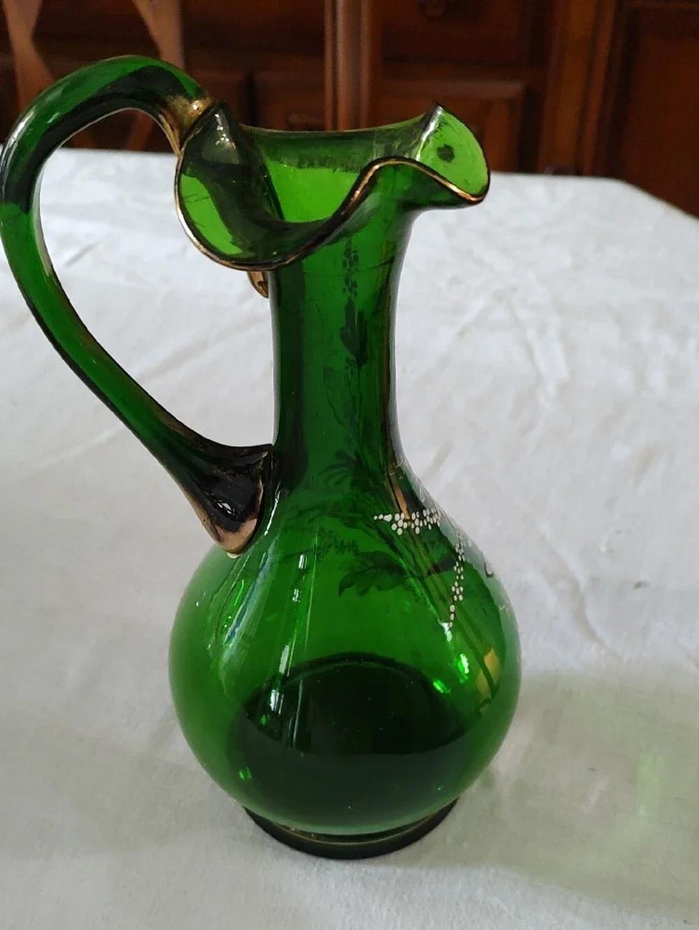 Hand-Painted Dark Green Floral Glass Pitcher Vase